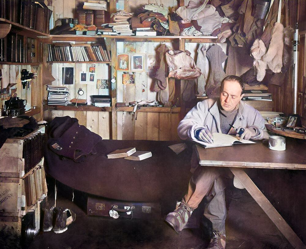 Captain Robert Falcon Scott writing in his diary, Cape Evans hut, 7th October 1911