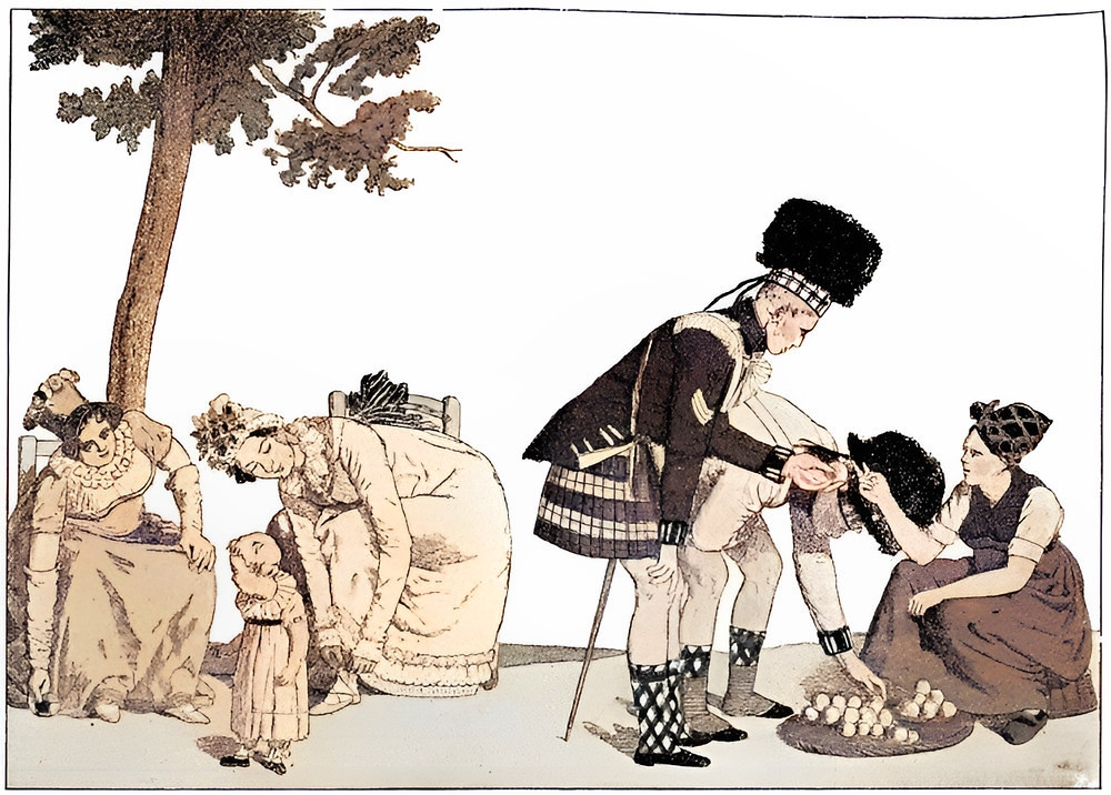 A humorous caricature depicting Scottish soldiers, wearing kilts, in Continental Europe ca. 1815.