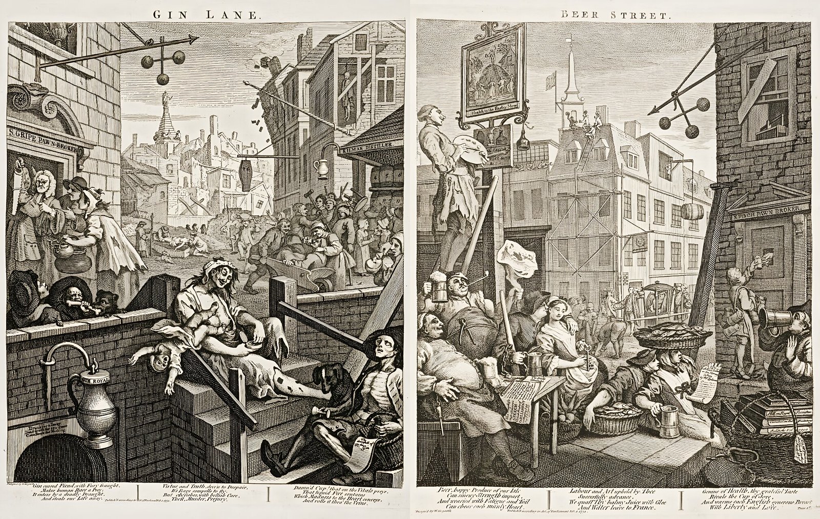 Gin Lane and Beer Street by William Hogarth, 1751