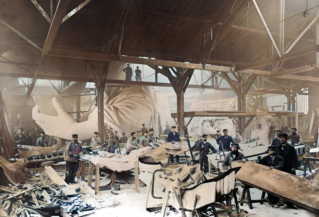 Workmen constructing the Statue of Liberty in Bartholdi's Parisian warehouse, 1882