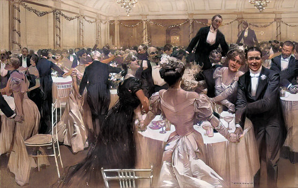 New Year's Eve at the Savoy Restaurant in the Savoy Hotel. Scene from The Illustrated London News, 1907.