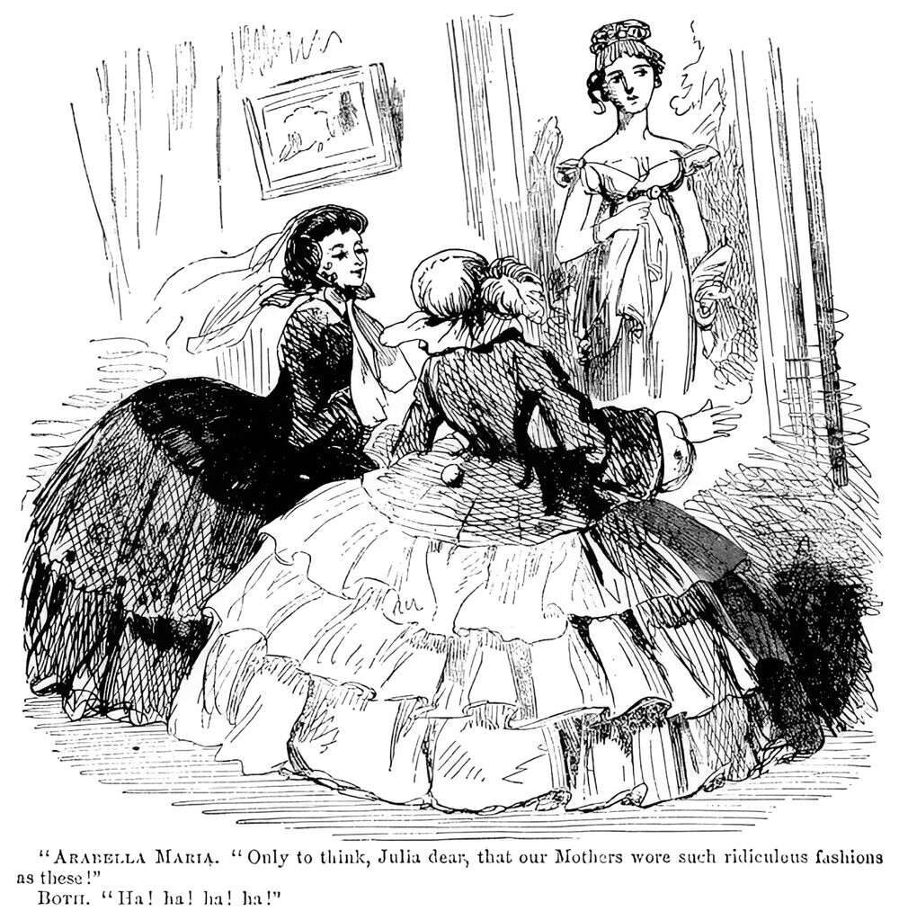 1857 Cartoon comparing crinolines to Regency fashion
