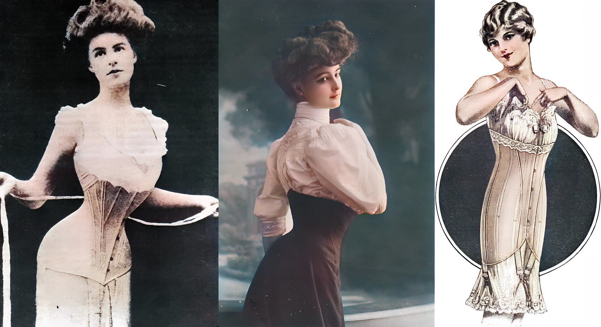 Edwardian era corsets. Left and middle: 1905. Right: 1917.