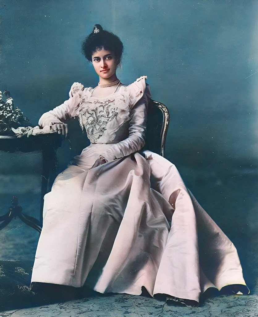 Princess Kaiulani seated wearing dress with embroidered bodice for a formal picture, 1897
