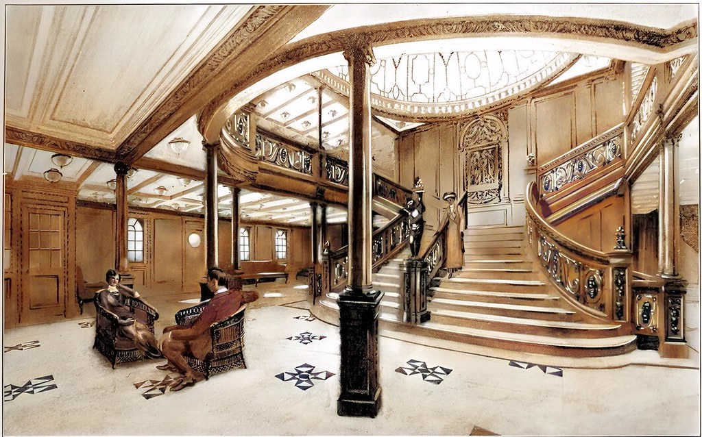 Drawing of the Grand Staircase onboard the RMS Titanic from the 1912 promotional booklet