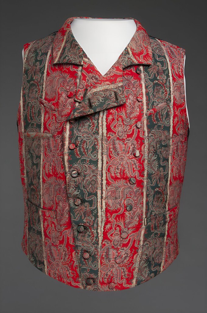 1858. American. Red and black striped wool lampas, silk twill. philamuseum.org