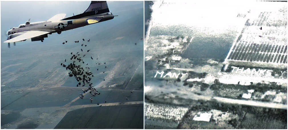 A US B-17 drops a cargo of food for the starving Dutch population in operation Chow Hound, May 1945.
