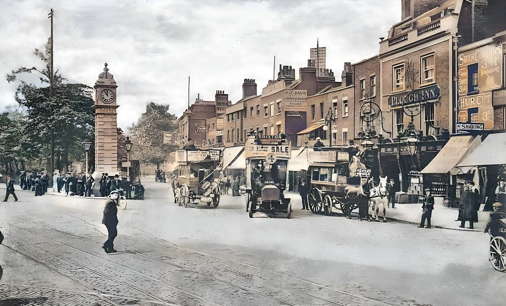  The clock tower and the Plough Inn at Clapham Common, London, 1895.