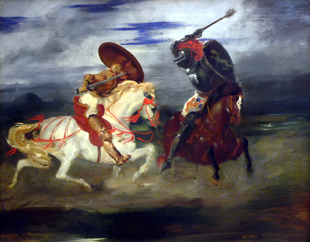 Fight of knights in the counry side by Eugène Delacroix, c.1824