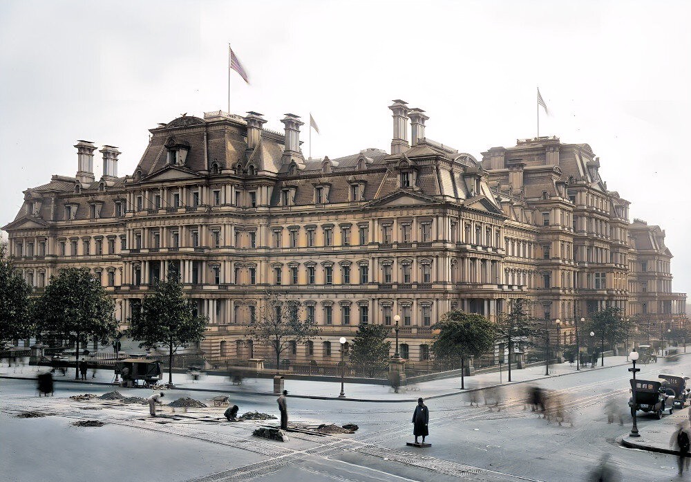 Alfred B. Mullett's former State, War and Navy Building, Washington, D.C., begun during the Grant administration and built between 1871 and 1888.