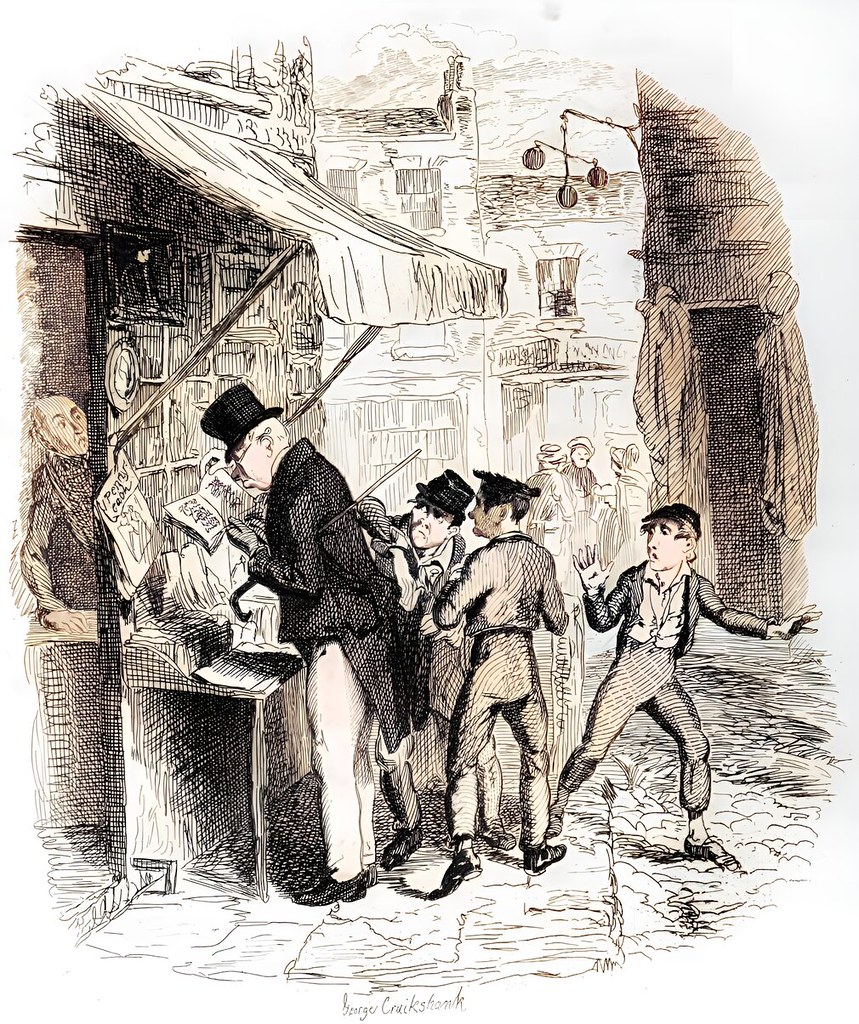 A photograph of an engraving in The Writings of Charles Dickens volume 4, Oliver Twist, titled 'Oliver amazed at the Dodger's Mode of 'going to Work' '