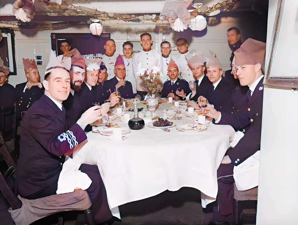 Christmas dinner in the wardroom of HMS MALAYA at Scapa Flow, 25 December 1942