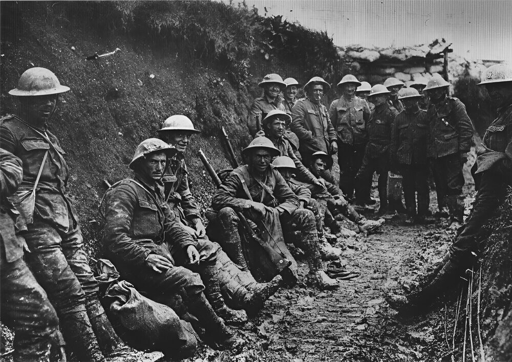 A ration party of the Royal Irish Rifles in a communication trench during the Battle of the Somme