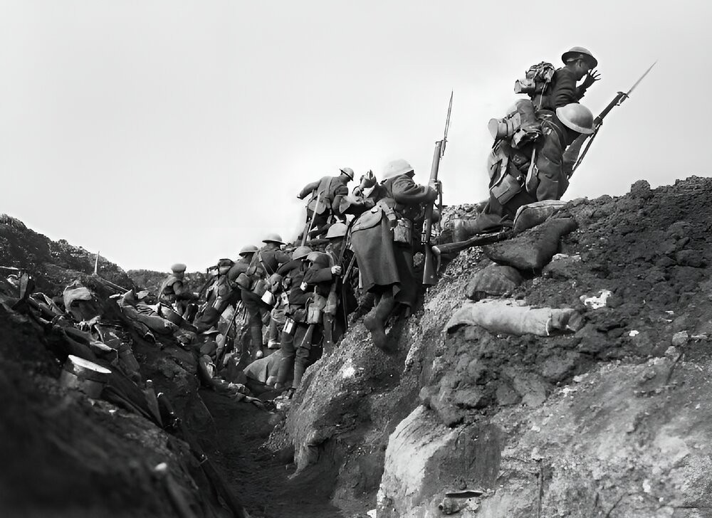Troops 'going over the top' at the start of the Battle of the Somme in 1916