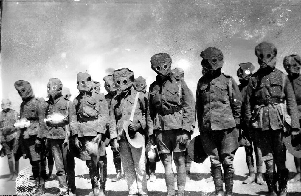Soldiers drill in their gas masks during World War I