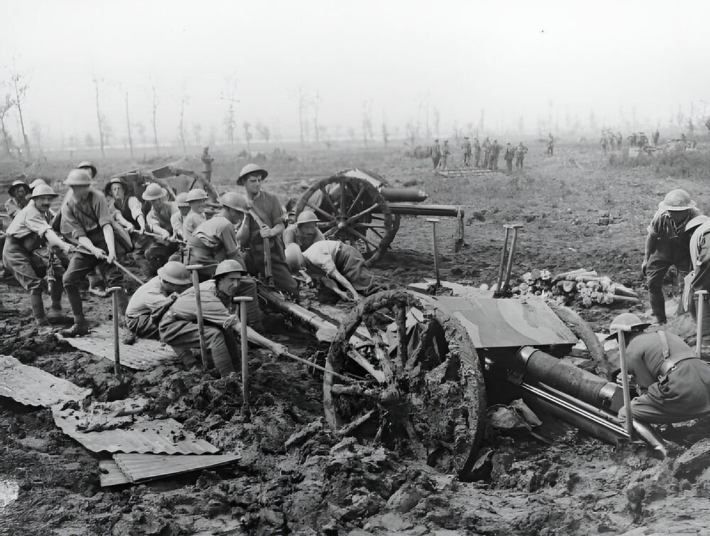 British soldiers haul an 18 pdr field gun out of the mud near Zillebeke.