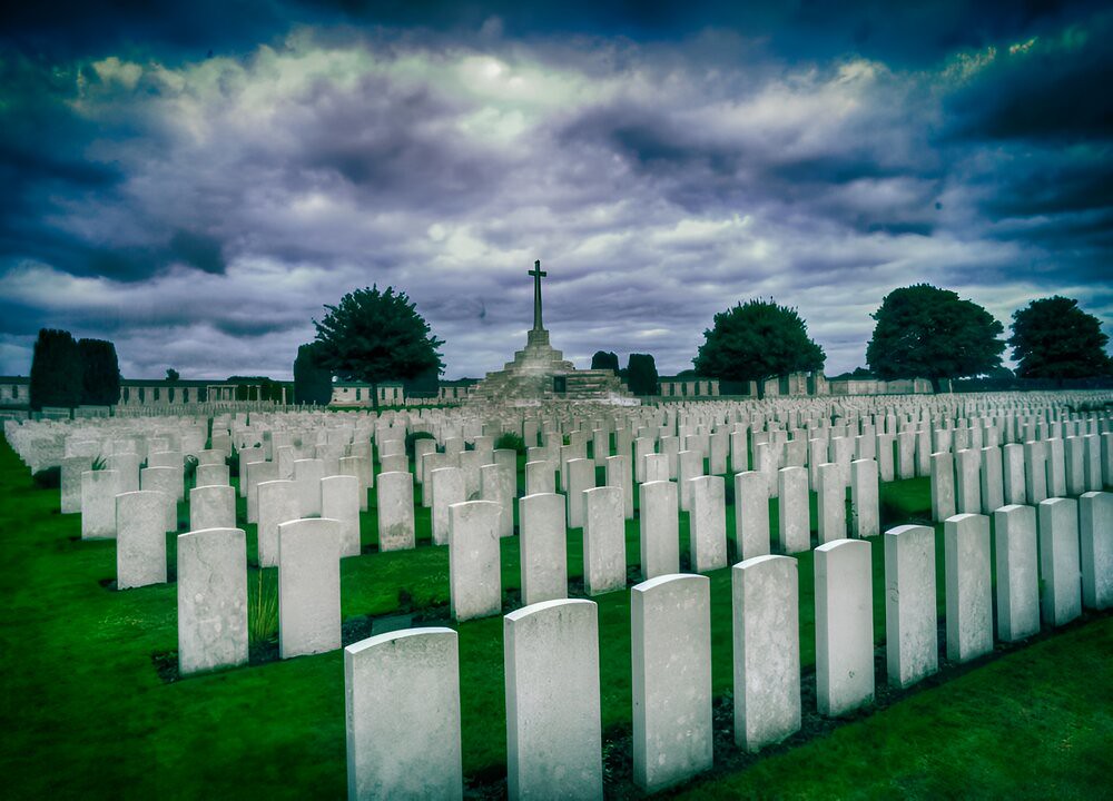 Tyne Cot cemetery, the largest cemetery for Commonwealth forces in the world, for WW1. The 'Cross of Sacrifice' can be seen in the background.