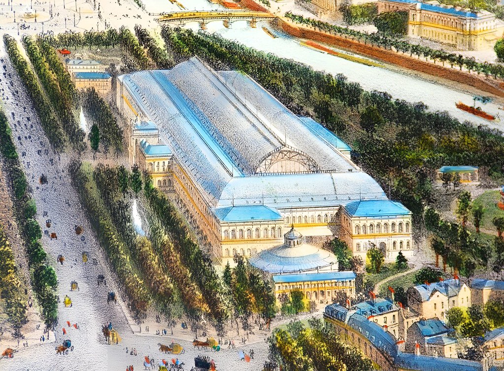 Detail of the engraving 'Paris in 1860. Bird's eye view, taken above the Champs-Elysees roundabout' representing the Palais de l'Industrie