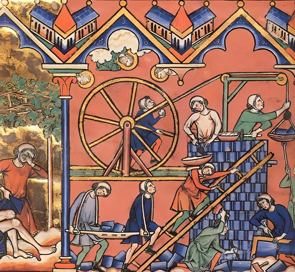 Life on a 13th century fortress castle construction site, showing treadmill crane