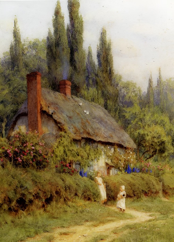 Children On A Path Outside A Thatched Cottage, West Horsley, Surrey by Helen Allingham