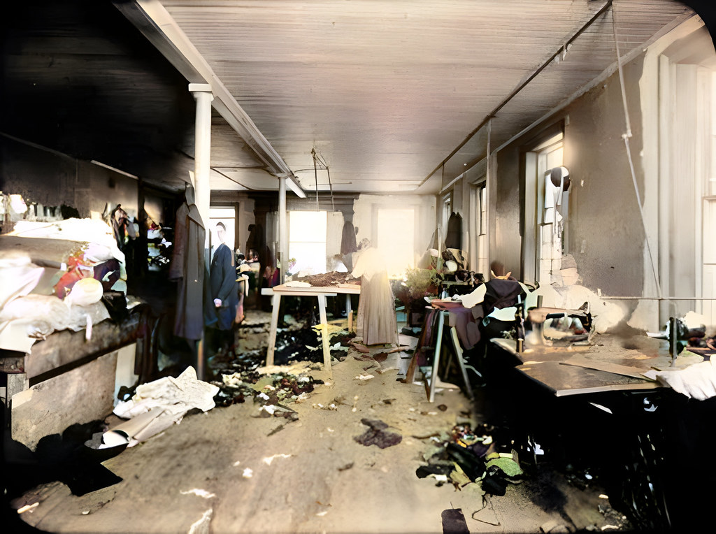 Scrap cloth littering the factory floor