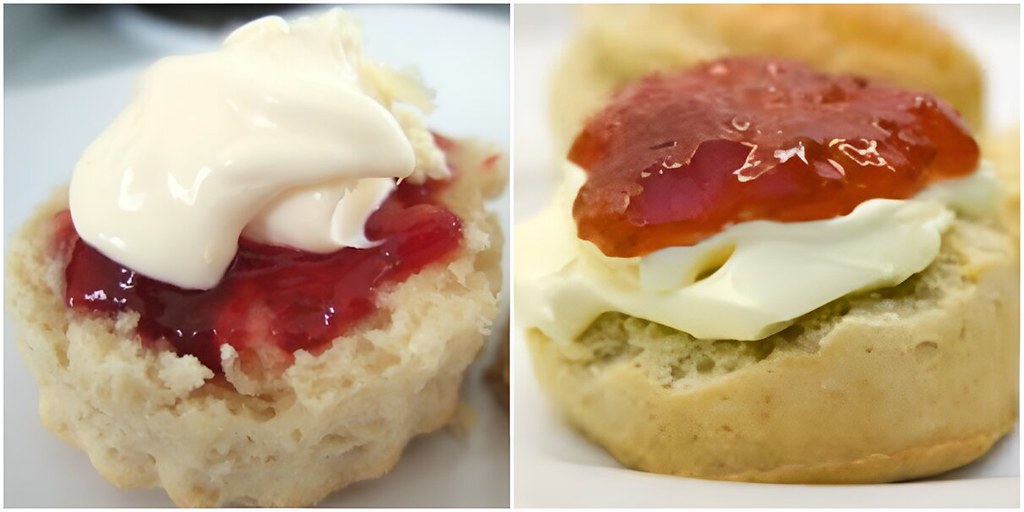Left: the Cornish scone method. Right: the Devon (or Devonshire) method.