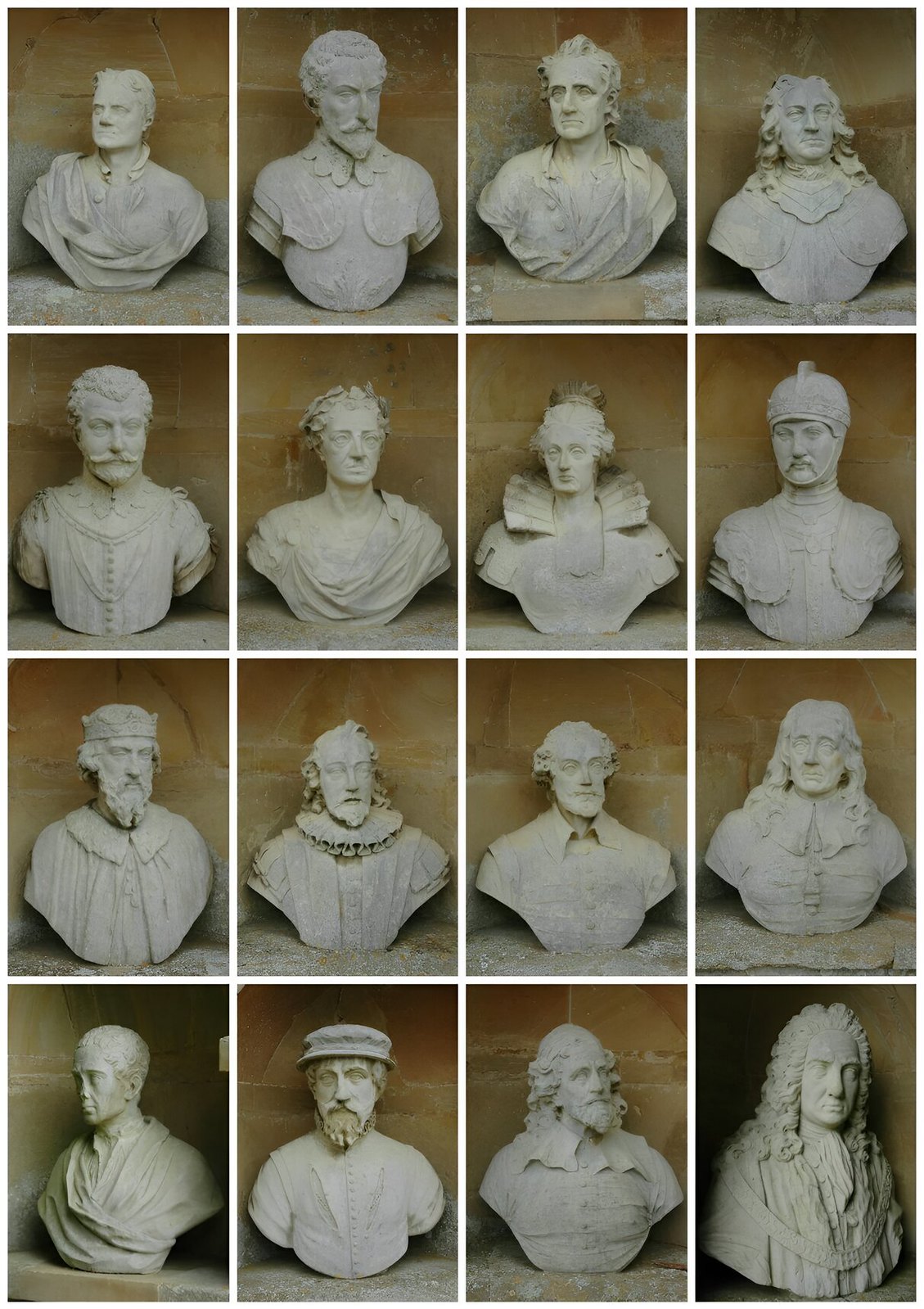 The British Worthies top row: Sir Isaac Newton, Sir Walter Raleigh, John Locke, John Hampden; 2nd row: Sir Francis Drake, King William III, Queen Elizabeth I, The Black Prince; 3rd row: King Alfred, Sir Francis Bacon, William Shakespeare, John Milton; 4th row: Alexander Pope, Sir Thomas Gresham, Inigo Jones, Sir John Barnard