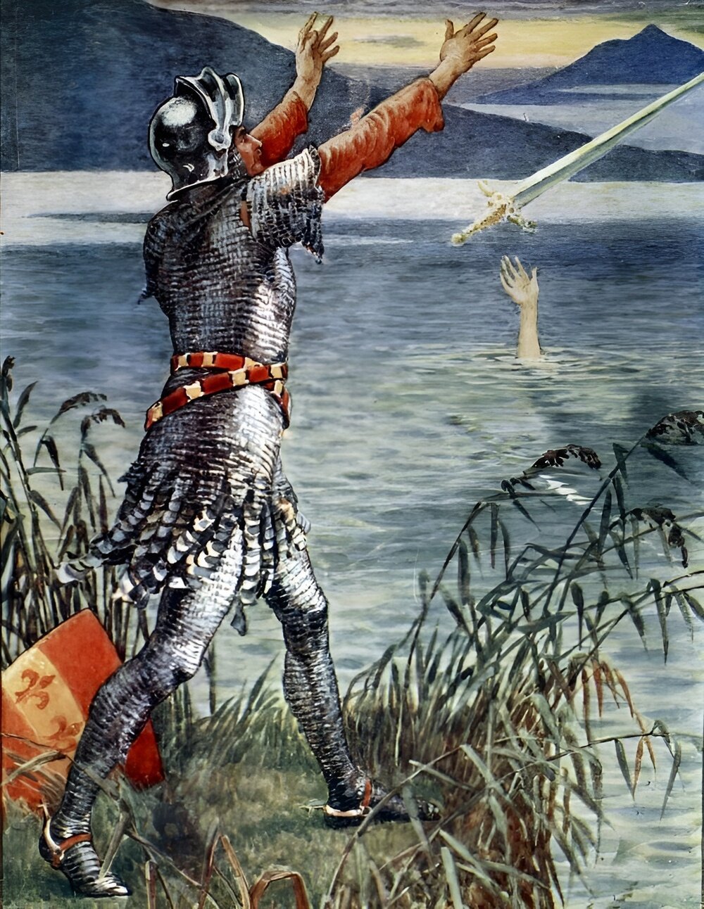 Sir Bedivere throwing Excalibur into the lake
