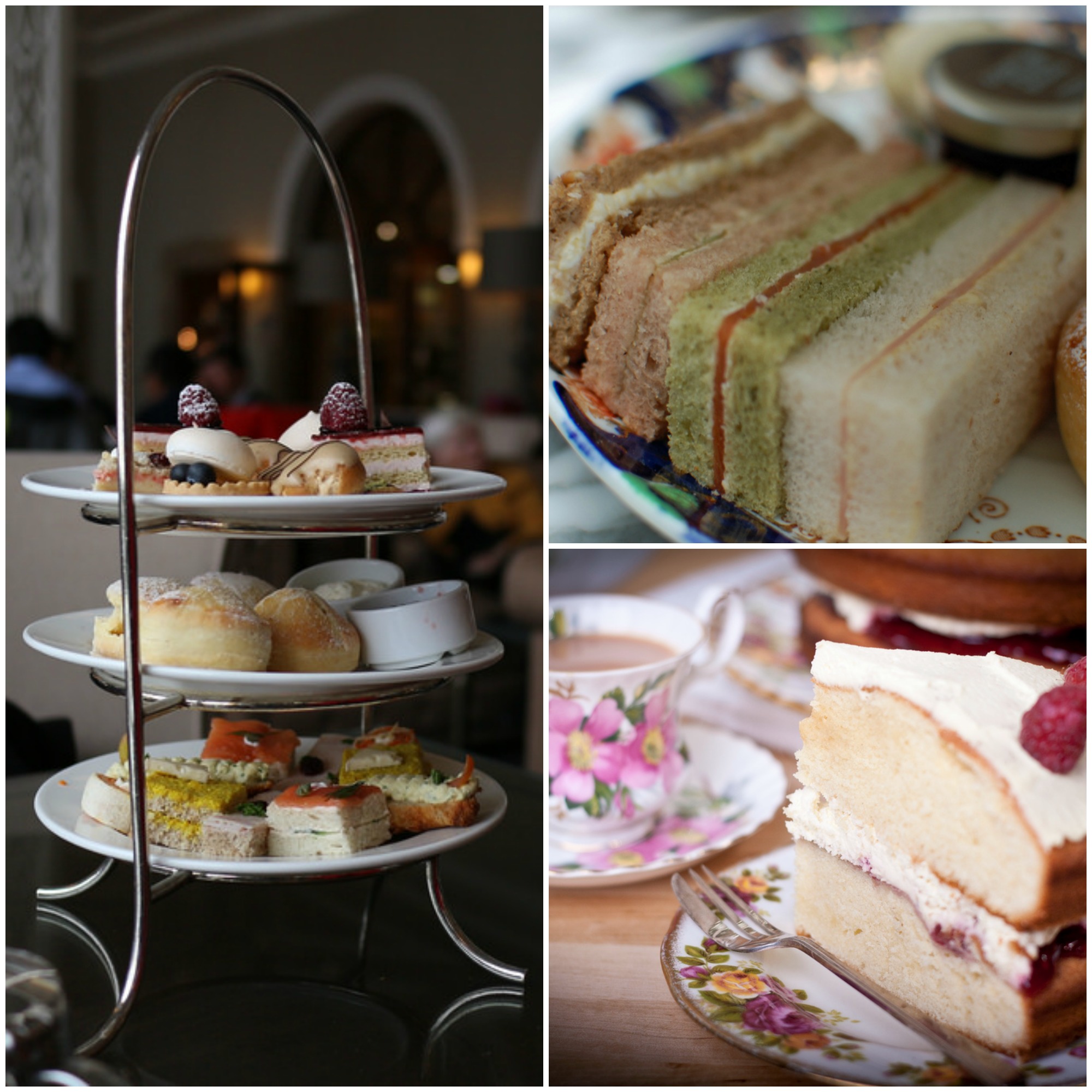 Left: Afternoon Tea, Fairmont Château, Lake Lousie. Credit Elsie Hui. Top right: Afternoon tea at the Sanderson Hotel. credit Su-Lin. Bottom right: Victoria Sponge slice. Credit Carwyn Lloyd Jones.