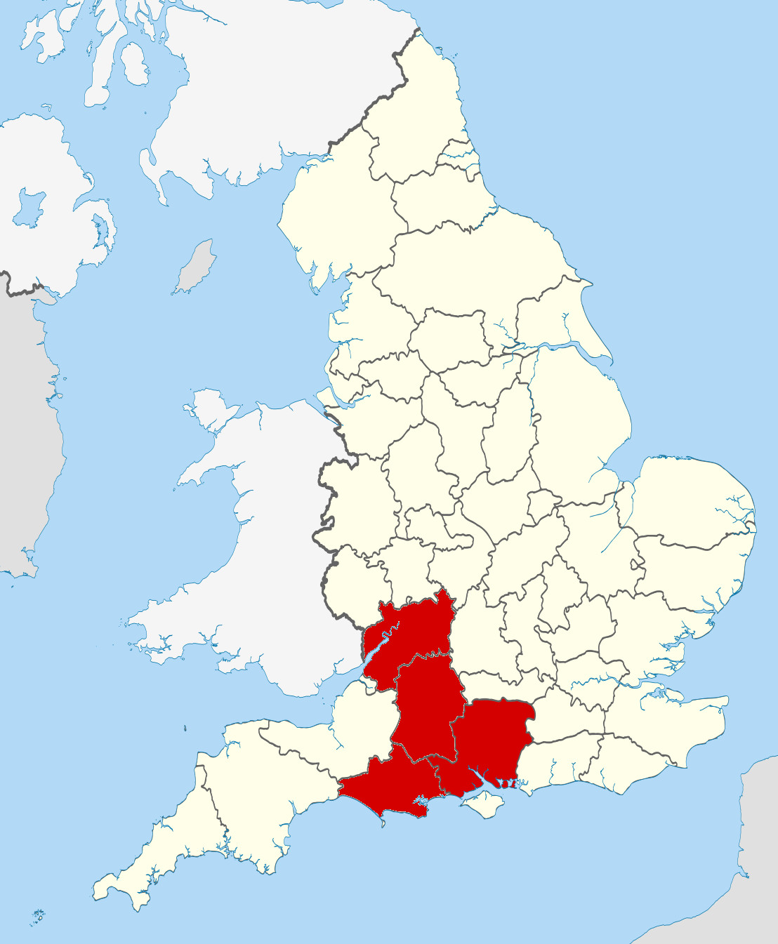 The counties of Hampshire, Wiltshire, Dorset, and Gloucestershire