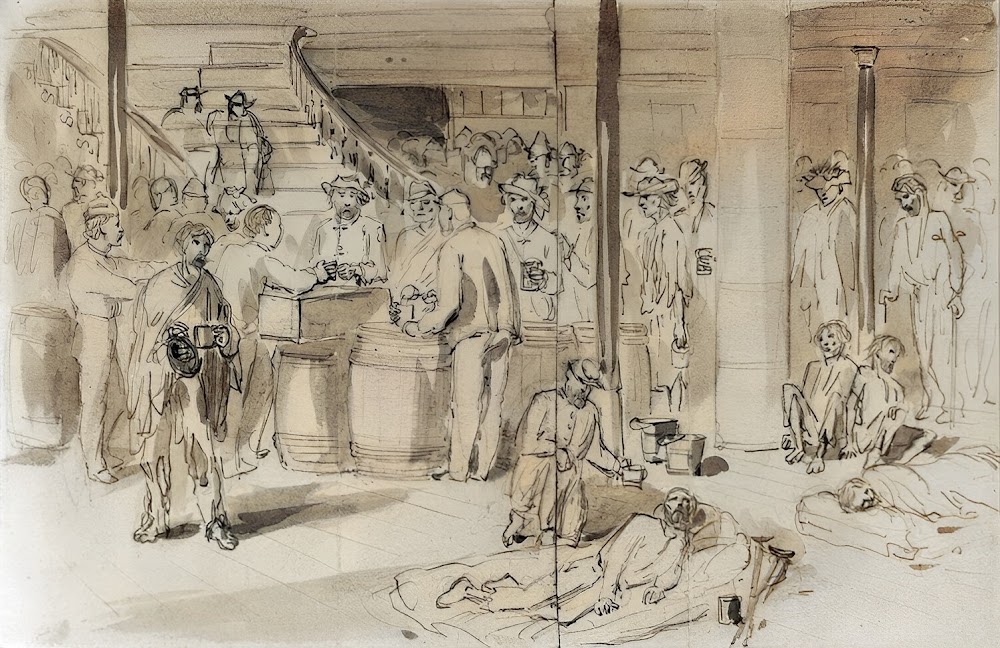 Serving out rations (coffee, bread & meat) to the exchanged prisoners on board the New York